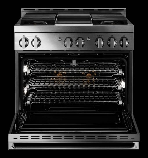 JennAir NOIR 36" Floating Glass Black And Stainless Steel Gas Professional-Style Range With Chrome-Infused Griddle - Image 7