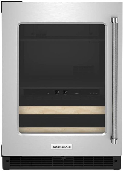 KitchenAid 24" Stainless Frame Left-Hinge Beverage Center With Glass Door And Wood-Front Racks
