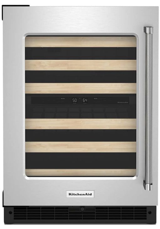 KitchenAid 24" Stainless Steel Left-Hinge Undercounter Wine Cellar With Glass Door And Wood-Front Racks