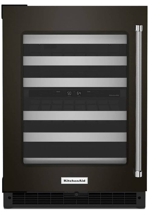 KitchenAid 24" Black Stainless Frame Left-Hinge Undercounter Wine Cellar With Glass Door And Metal-Front Racks