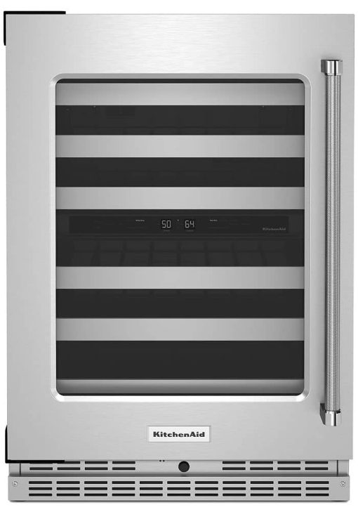 KitchenAid 24" Stainless Frame Left-Hinge Undercounter Wine Cellar With Glass Door And Metal-Front Racks