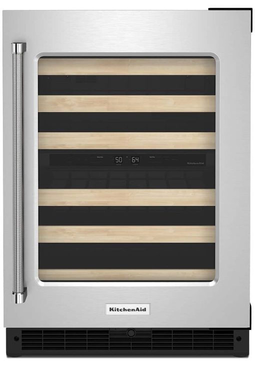 KitchenAid 24" Stainless Frame Right-Hinge Undercounter Wine Cellar With Glass Door And Wood-Front Racks