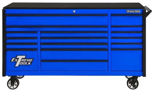 DX Series 72" 17 Drawer Deep Roller Cabinet - Blue with Black Drawer Pulls