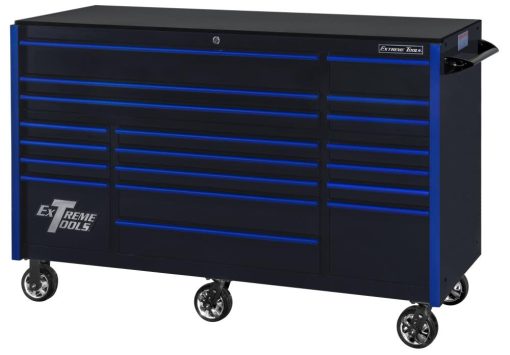 RX Series 72" x 30" 19 Drawer Roller Cabinet, Black with Blue Drawer Pulls
