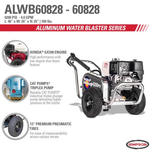 Aluminum Water Blaster 4200 PSI at 4.0 GPM HONDA GX390 with CAT Triplex Plunger Pump Cold Water Professional Belt Drive Gas Pressure Washer (49-State) - Image 2