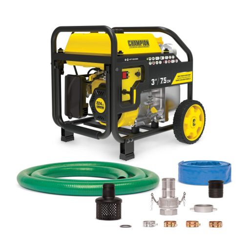 Champion 3-Inch Gas-Powered Semi-Trash Water Transfer Pump with Hose and Wheel Kit