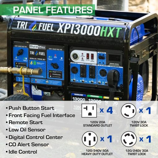 DuroMax Generator with CO Alert 13000Watt 500cc Tri Fuel Gas Propane Natural Gas Portable - Image 4