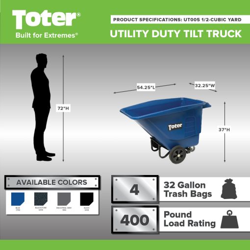 Toter 1/2 Cubic Yard 400 lbs Capacity Utility Duty Tilt Truck Gray - Image 2
