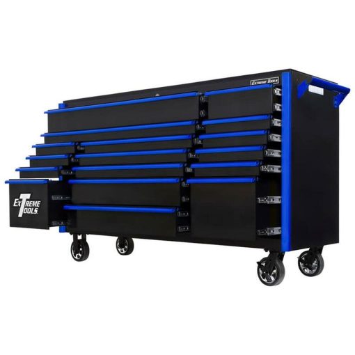 Extreme Tools 72" Black Roller Cabinet with Blue Drawer Pulls - Image 2