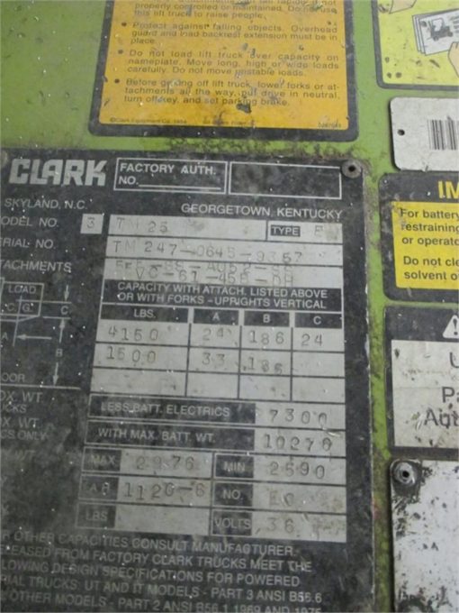 Clark Forklift 5000# Capacity 36V Electric TM25 - Used - Image 9
