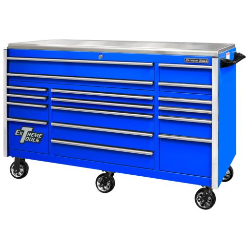Extreme Tools 72" Blue Roller Cabinet with Chrome Drawer Pulls