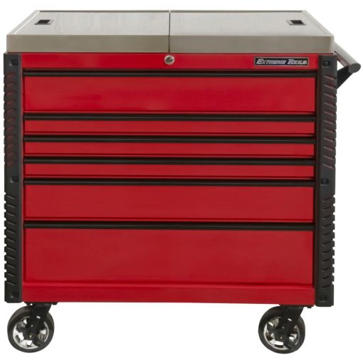 41" 6 Drawer Stainless Steel Sliding Top Deluxe Tool Cart with Bumpers, Red with Black Drawer Pulls
