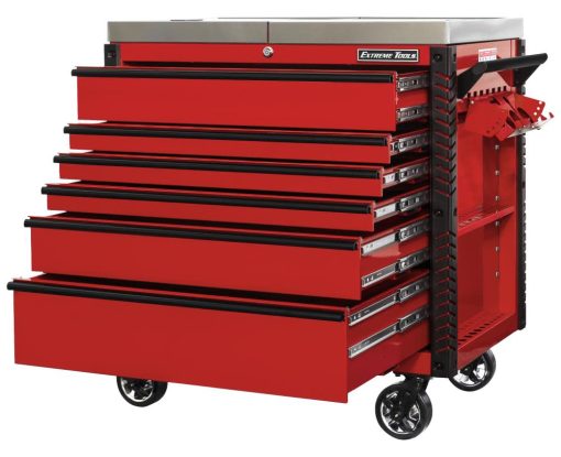 41" 6 Drawer Stainless Steel Sliding Top Deluxe Tool Cart with Bumpers, Red with Black Drawer Pulls - Image 2