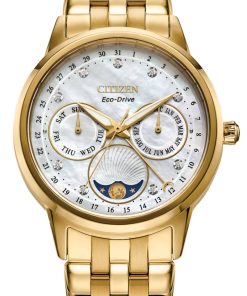 Citizen Eco-Drive Calendrier White MOP Dial Gold-Tone Stainless Steel Bracelet Watch, 37mm
