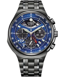 Citizen Eco-Drive Caliber 2100 Chronograph Blue Dial Black Ion-Plated SS Bracelet Watch, 44mm