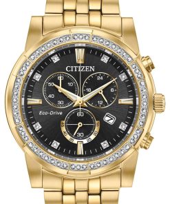 Citizen Eco-Drive Crystal Chronograph Black Dial Gold-Tone Ion-Plated SS Bracelet Watch, 42mm