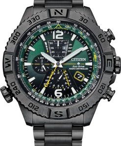 Citizen Eco-Drive Promaster Navihawk A-T Chronograph Green Dial Grey SS Bracelet Watch, 48mm