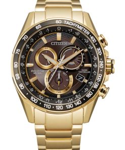 Citizen PCAT Quartz Chronograph Gold-Tone Stainless Steel Watch, Black Dial, 43mm