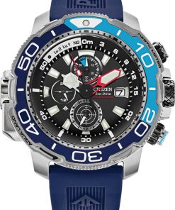 Citizen Eco-Drive Promaster Aqualand Chronograph Black Dial Blue Polyurethane Strap Watch, 50mm