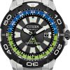 Citizen Eco-Drive Promaster GMT Black w/ Green Accents Dial Silver-Tone SS Bracelet Watch, 44mm