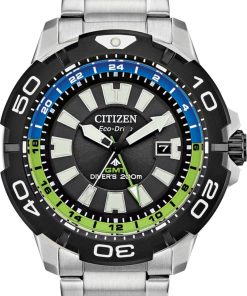 Citizen Eco-Drive Promaster GMT Black w/ Green Accents Dial Silver-Tone SS Bracelet Watch, 44mm