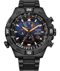 Citizen Eco-Drive Promaster Navihawk A-T L.E. Chronograph Blue Dial Black Ion-Plated SS Watch Set, 48mm