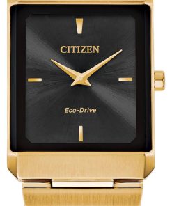 Citizen Eco-Drive Stiletto Black Dial Gold-Tone Ion-Plated SS Bracelet Watch, 28mm x 38mm
