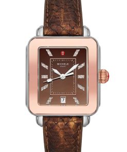 Michele Deco Madison Brown w/ Pink 18K Topaz Dial Brown Python Leather Strap Watch, 34mm