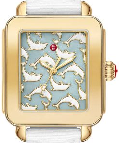 Michele Deco Sport Seafoam MOP Dolphin Pattern Dial White Ocean Material Strap Watch, 34mm