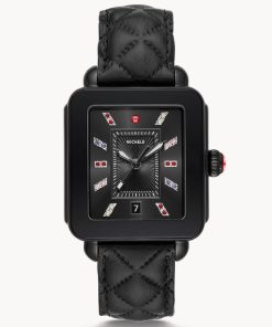 Michele Deco Sport Quartz Black Leather Watch, Black Dial, 34mm