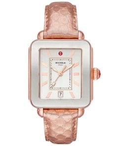 Michele Deco Sport Silver Dial Rose Embossed Leather Strap Watch, 34mm