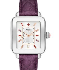 Michele Deco Sport White Sunray w/ Multicolor Topaz Dial Violet Quilted Leather Strap Watch, 33mm