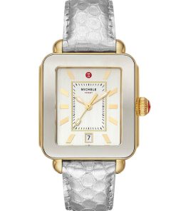 Michele Deco Sport Silver Dial & Embossed Leather Strap Watch, 34mm