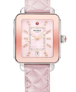 Michele Deco Sport Pink Sunray w/ Rose Topaz Dial Lilac Quilted Leather Strap Watch, 33mm