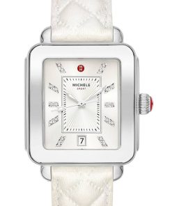 Michele Deco Sport White Sunray w/ White Topaz Dial & Quilted Leather Strap Watch, 33mm