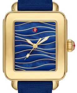 Michele Sport Midnight MOP w/ Waves Dial & Grosgrain-Textured Strap Watch, 34mm