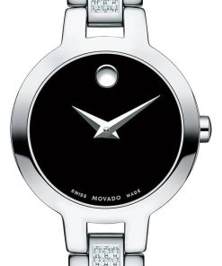 Movado Amorosa Black Dial Silver Double-Bar w/ Diamond Bangle Watch, 24mm