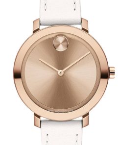 Movado BOLD Evolution Pale Rose Gold IP Dial White Leather Strap Watch, 34mm