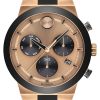 Movado BOLD Fusion Chronograph Rose Gold-Tone Dial Black Silicone Strap Watch, 44.5mm