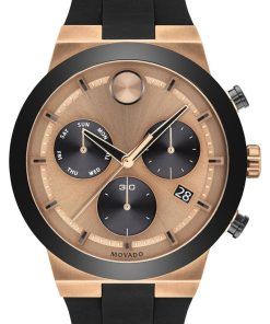 Movado BOLD Fusion Chronograph Rose Gold-Tone Dial Black Silicone Strap Watch, 44.5mm