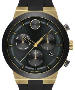 Movado BOLD Fusion Chronograph Black w/ Gold-Tone Accents Dial & Silicone Strap Watch, 44.5mm