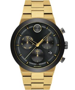 Movado BOLD Fusion Chronograph Black Dial Pale Gold-Tone Ion-Plated SS Link Watch, 44.5mm