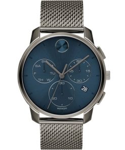 Movado BOLD Thin Chronograph Blue Dial Gunmetal Ion-Plated SS Mesh Bracelet Watch, 42mm