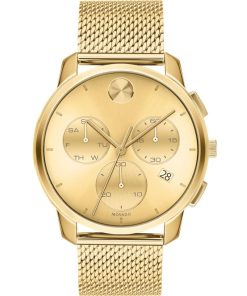 Movado BOLD Thin Chronograph Yellow Gold-Toned Dial & Ion-Plated SS Mesh Bracelet Watch, 42mm