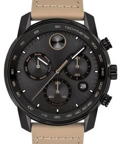 Movado BOLD Verso Chronograph Black Dial Taupe Leather Strap Watch, 44mm