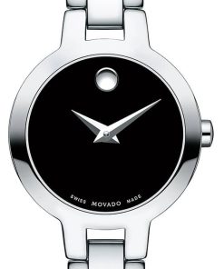 Movado Amorosa Black Dial Silver Double-Bar Bangle Watch, 24mm