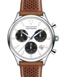 Movado Heritage Series Calendoplan White Dial Cognac Leather Strap Watch, 43mm