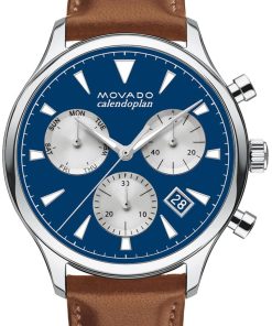 Movado Heritage Series Chronograph Blue Dial Cognac Brown Leather Strap Watch, 43mm