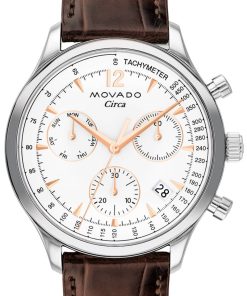 Movado Heritage Series Circa Chronograph White Dial Brown Crocodile Strap Watch, 43mm