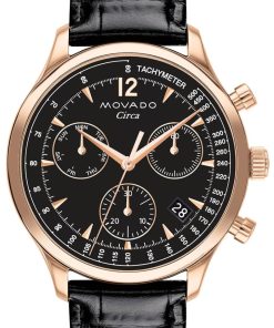 Movado Heritage Series Circa Chronograph Black Dial & Crocodile Strap Watch, 43mm